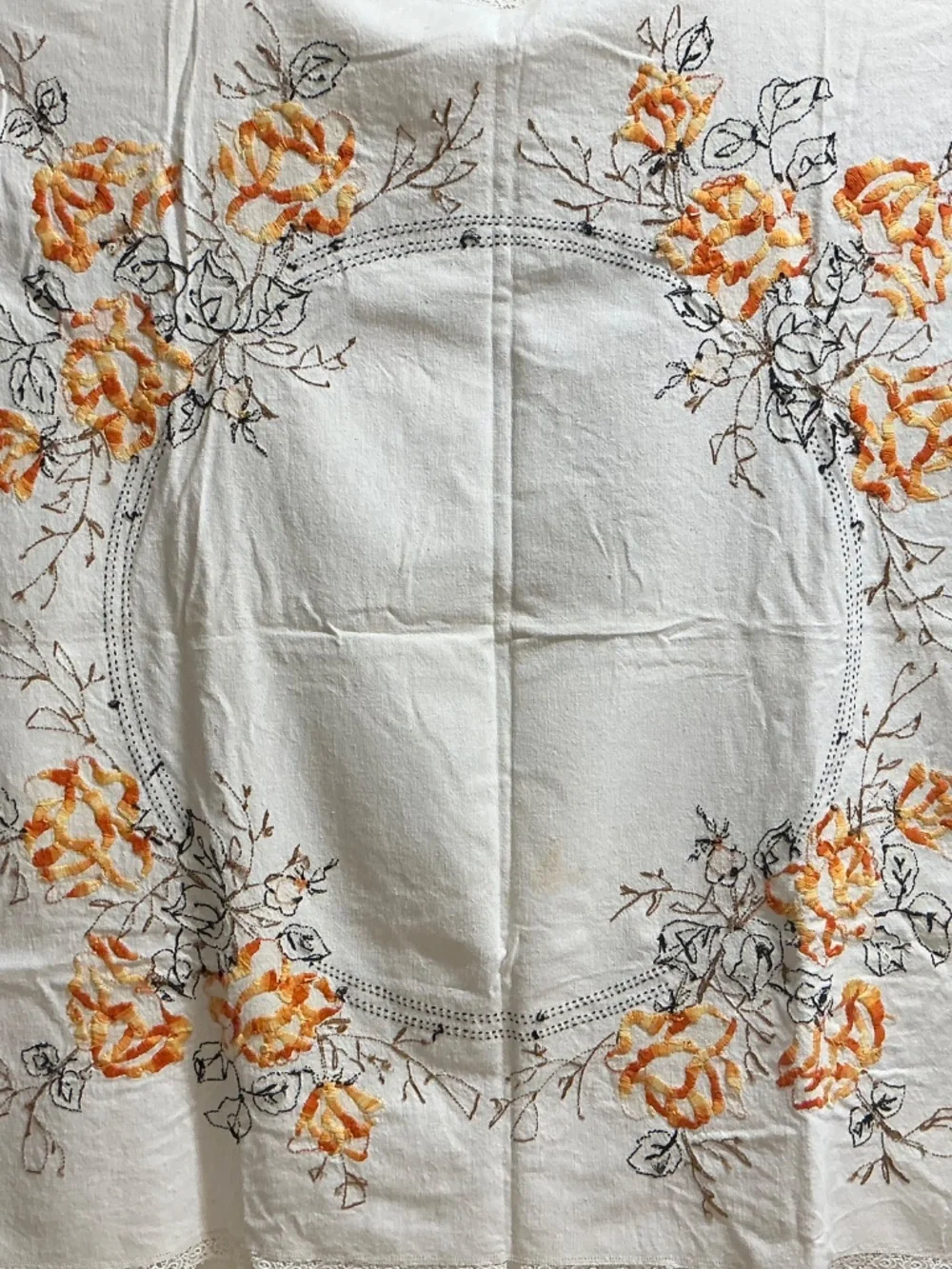 Vintage Hand Embroidered Floral Tablecloth